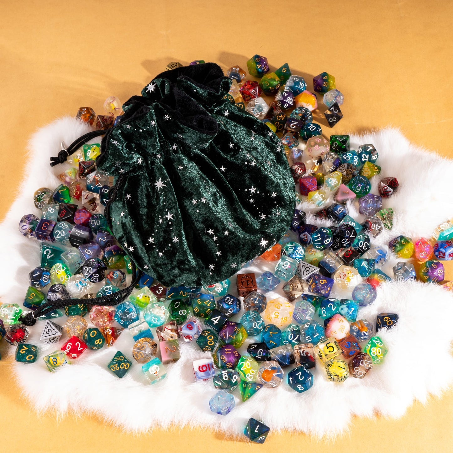 Starry Forest Green Dice Bag – Multi-Pocket Velvet Pouch with Moon Charms