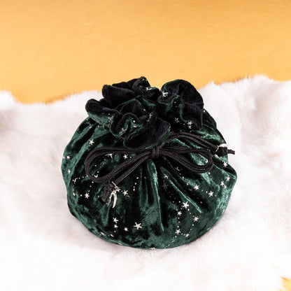 Starry Forest Green Dice Bag – Multi-Pocket Velvet Pouch with Moon Charms