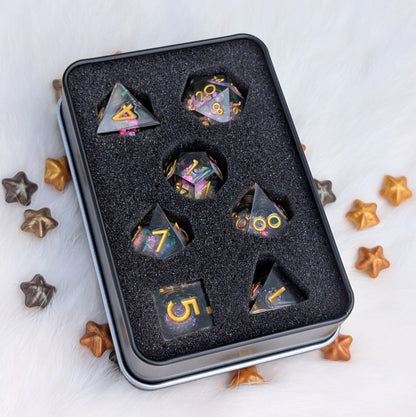 Liquid Core DnD Dice Set - Black Iridescent Glitter - Night Glimmer