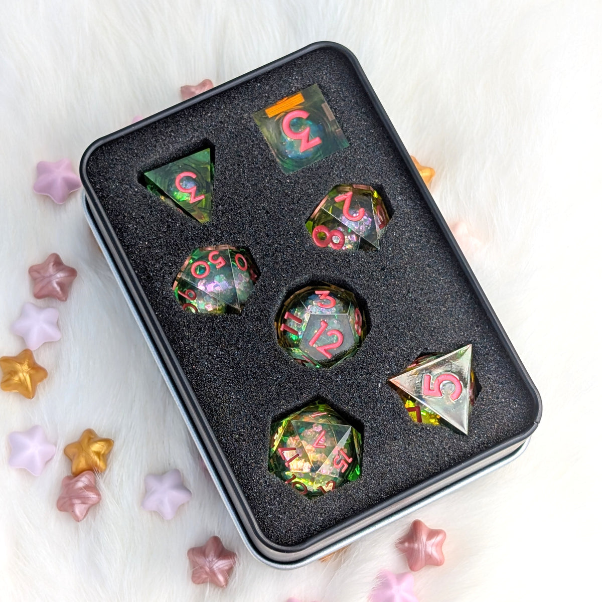 Green and Orange Liquid Core DnD Dice Set - Feywild Fizz