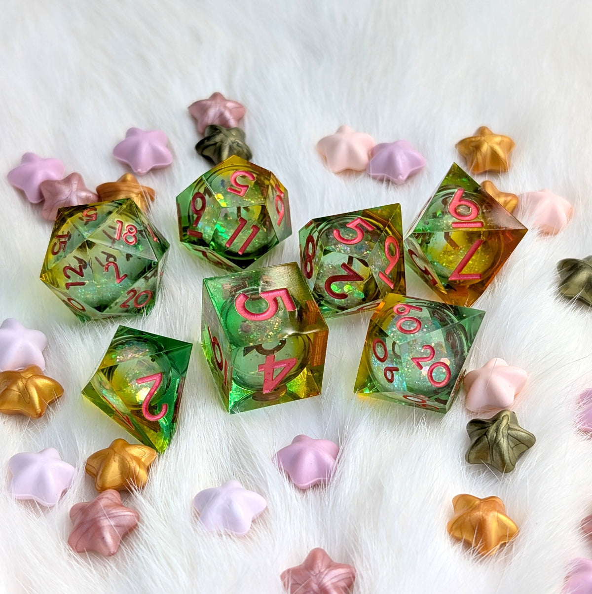 Green and Orange Liquid Core DnD Dice Set - Feywild Fizz