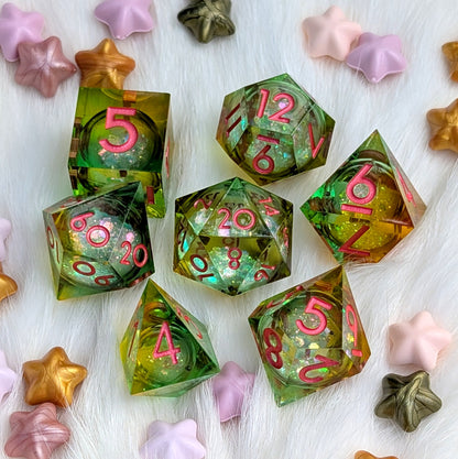 Green and Orange Liquid Core DnD Dice Set - Feywild Fizz