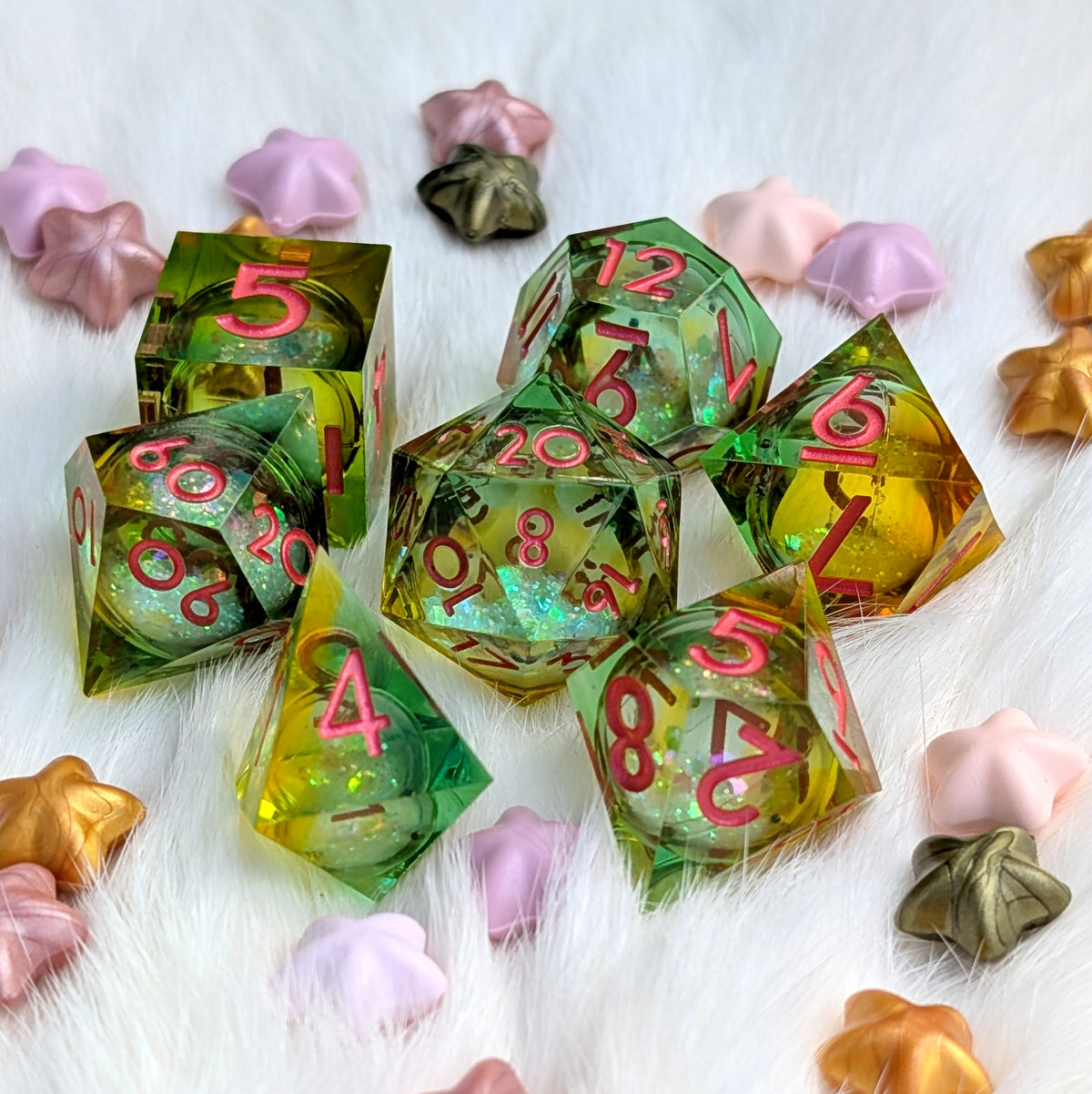 Green and Orange Liquid Core DnD Dice Set - Feywild Fizz
