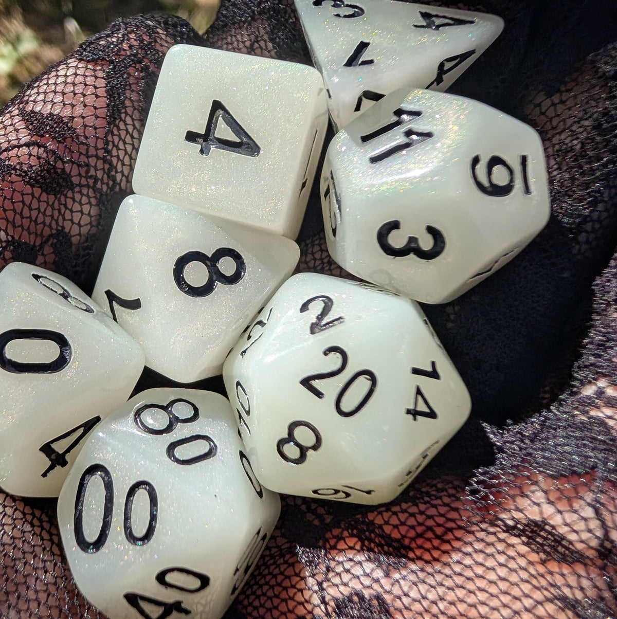 White Shimmer DnD Dice Set - Pearlescent Resin - Ghostlight