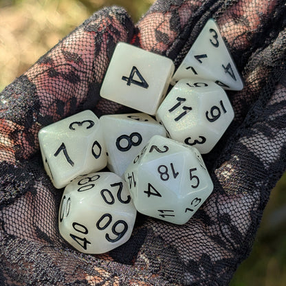 White Shimmer DnD Dice Set - Pearlescent Resin - Ghostlight