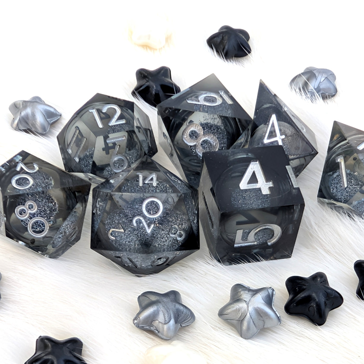 Black Liquid Core DnD Dice Set - Gray Glitter - Grave Mist