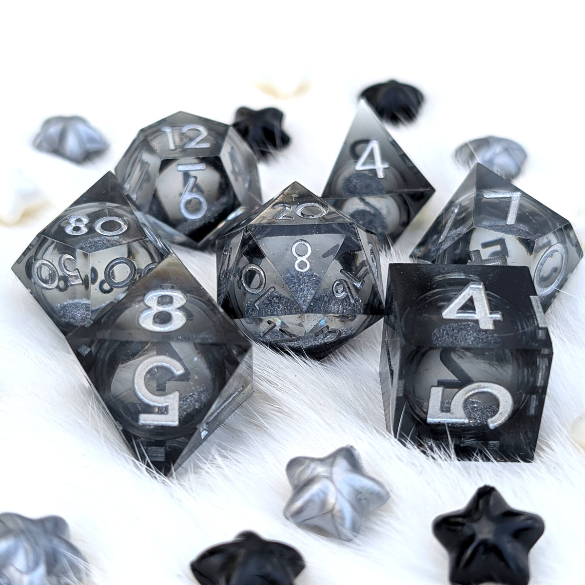 Black Liquid Core DnD Dice Set - Gray Glitter - Grave Mist