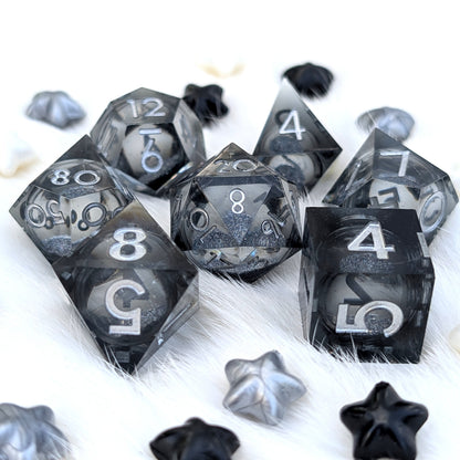 Black Liquid Core DnD Dice Set - Gray Glitter - Grave Mist