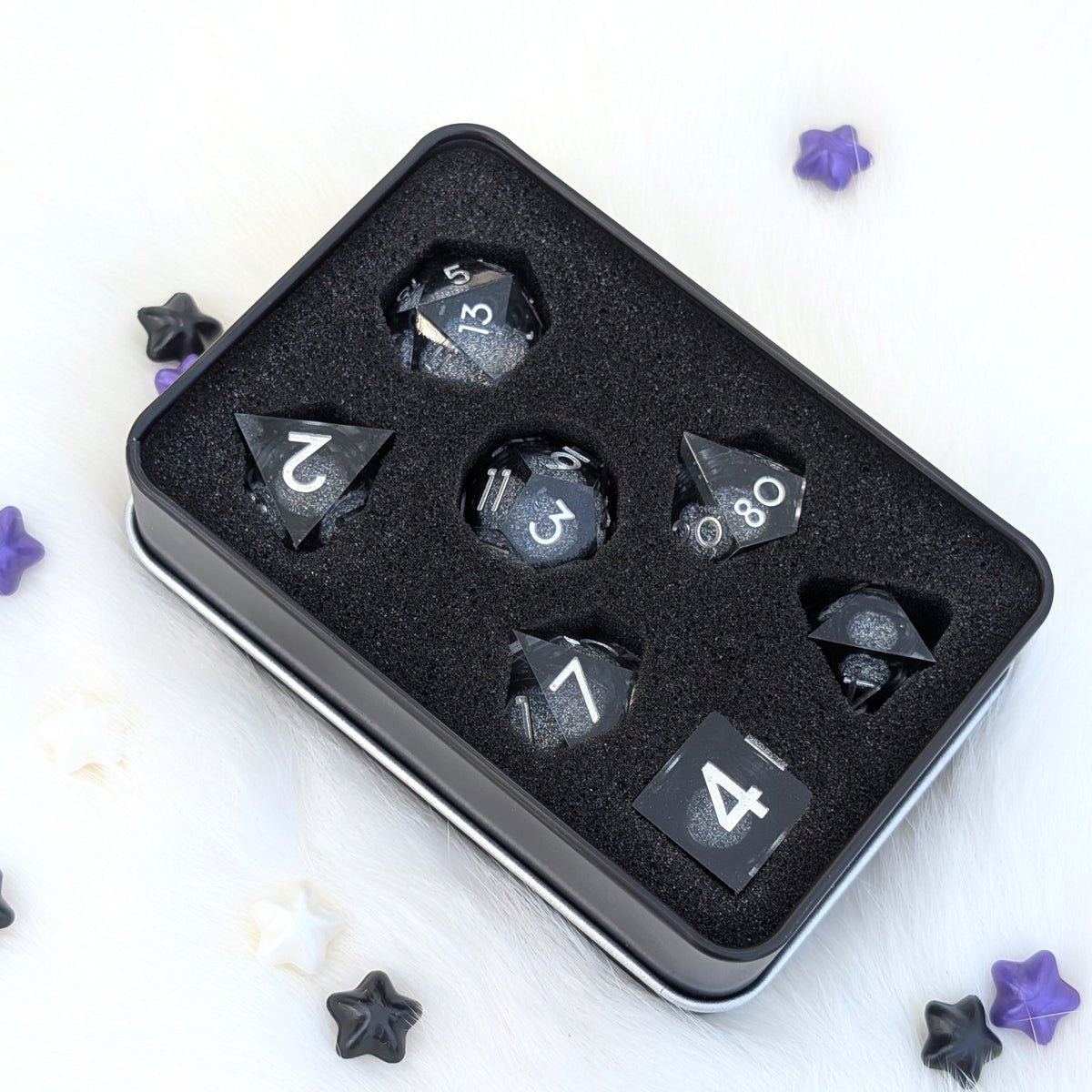 Black Liquid Core DnD Dice Set - Gray Glitter - Grave Mist