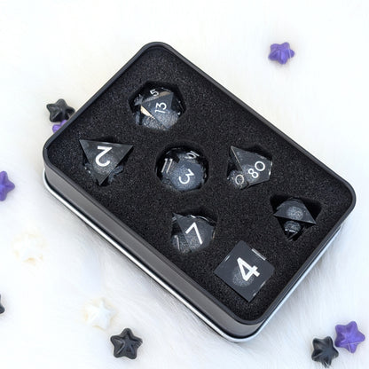 Black Liquid Core DnD Dice Set - Gray Glitter - Grave Mist