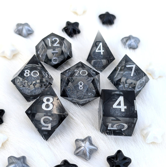 Black Liquid Core DnD Dice Set - Gray Glitter - Grave Mist