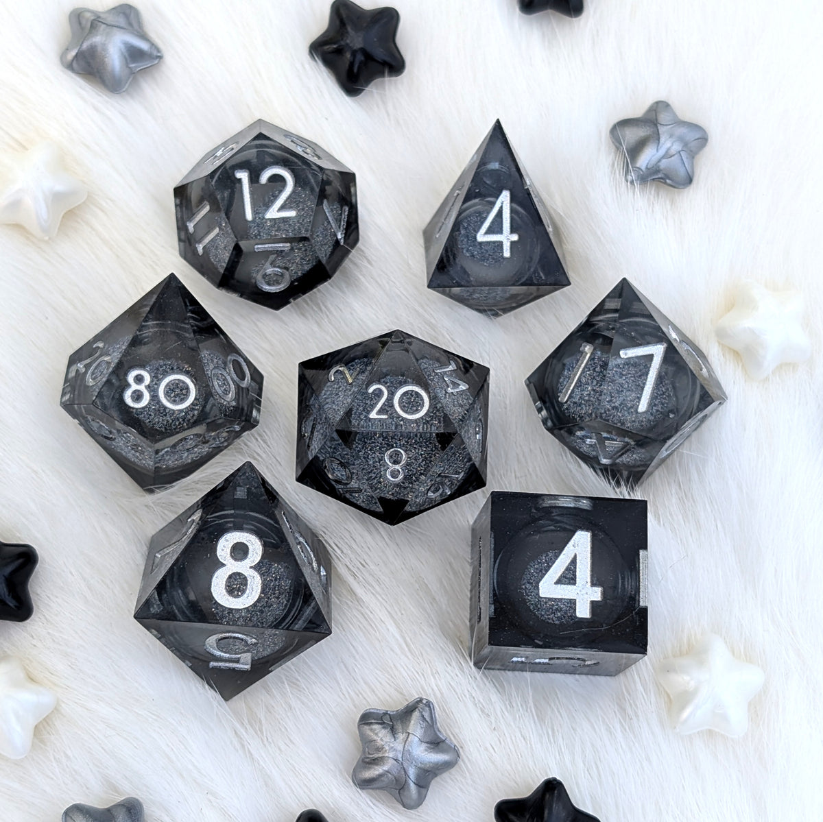 Black Liquid Core DnD Dice Set - Gray Glitter - Grave Mist