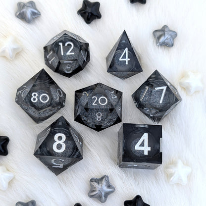 Black Liquid Core DnD Dice Set - Gray Glitter - Grave Mist
