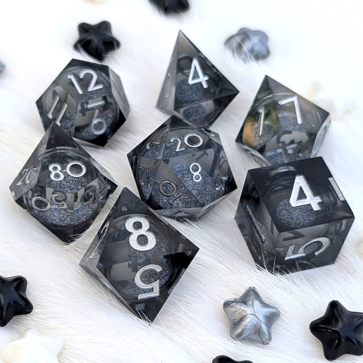 Black Liquid Core DnD Dice Set - Gray Glitter - Grave Mist