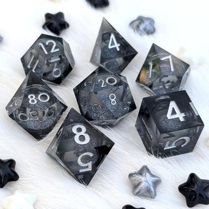 Black Liquid Core DnD Dice Set - Gray Glitter - Grave Mist