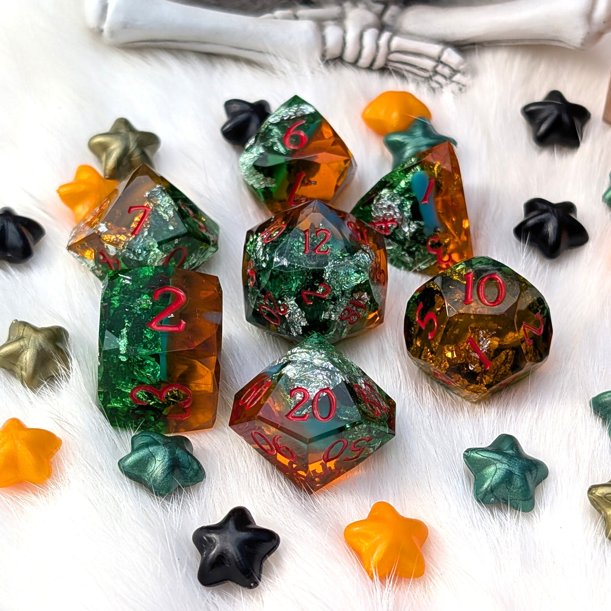 Diamond Cut DnD Dice Set - Green & Orange Resin - Harvest Hex