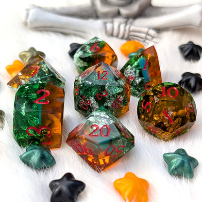 Diamond Cut DnD Dice Set - Green & Orange Resin - Harvest Hex