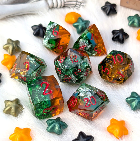Diamond Cut DnD Dice Set - Green & Orange Resin - Harvest Hex