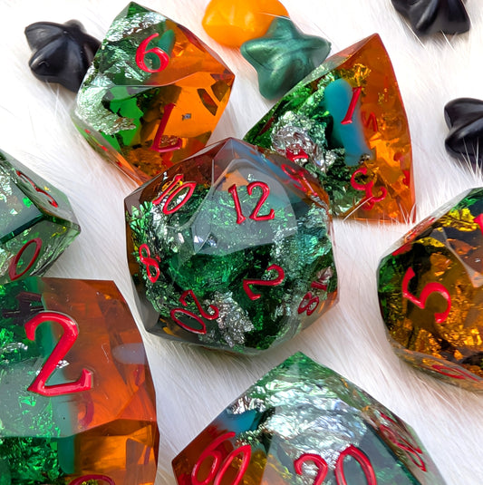 Diamond Cut DnD Dice Set - Green & Orange Resin - Harvest Hex