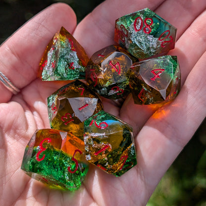 Diamond Cut DnD Dice Set - Green & Orange Resin - Harvest Hex