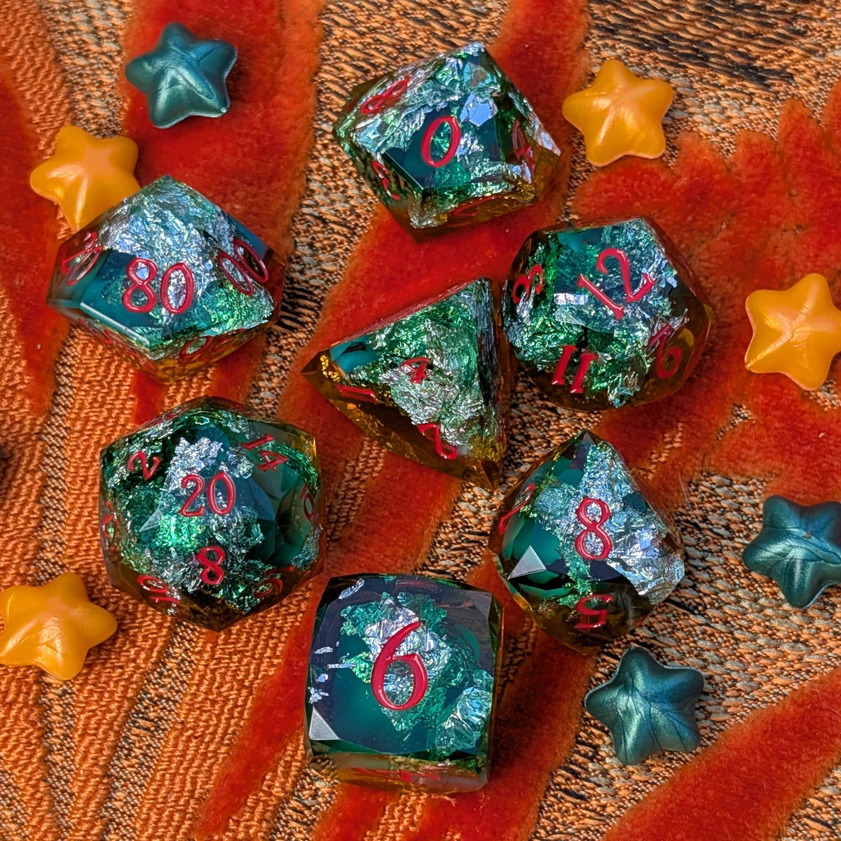 Diamond Cut DnD Dice Set - Green & Orange Resin - Harvest Hex
