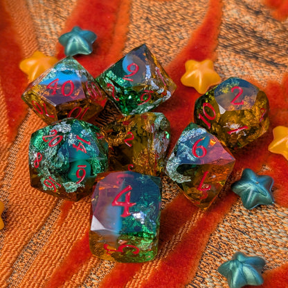 Diamond Cut DnD Dice Set - Green & Orange Resin - Harvest Hex