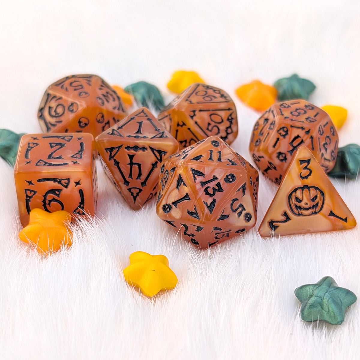 Halloween DnD Dice Set - Orange Marbled Acrylic with Black Numbers - Haunted Harvest