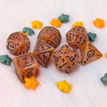 Halloween DnD Dice Set - Orange Marbled Acrylic with Black Numbers - Haunted Harvest