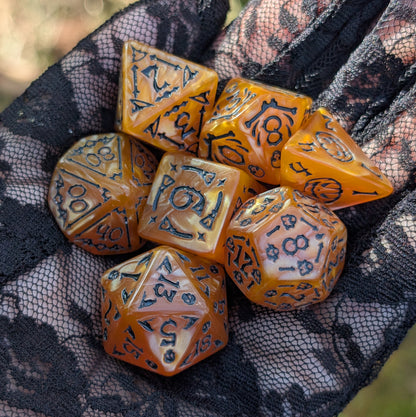 Halloween DnD Dice Set - Orange Marbled Acrylic with Black Numbers - Haunted Harvest