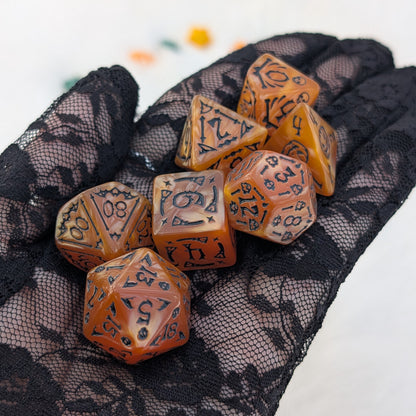 Halloween DnD Dice Set - Orange Marbled Acrylic with Black Numbers - Haunted Harvest