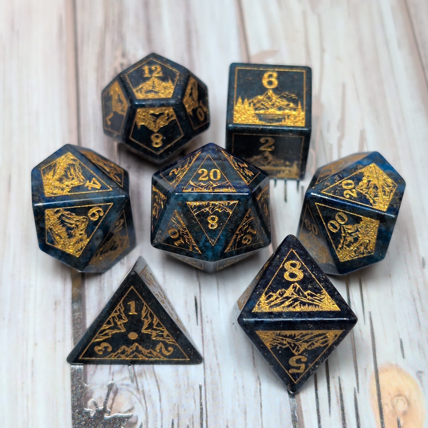 Everwild – Lapis Gemstone Dice Set, Forest and Mountain Etched, TTRPG 7 Piece Dice