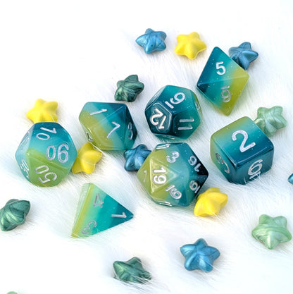 Layered DnD Dice Set - Green & Blue Glitter Resin - Lagoon Dreams