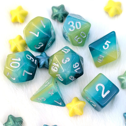 Layered DnD Dice Set - Green & Blue Glitter Resin - Lagoon Dreams