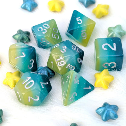 Layered DnD Dice Set - Green & Blue Glitter Resin - Lagoon Dreams
