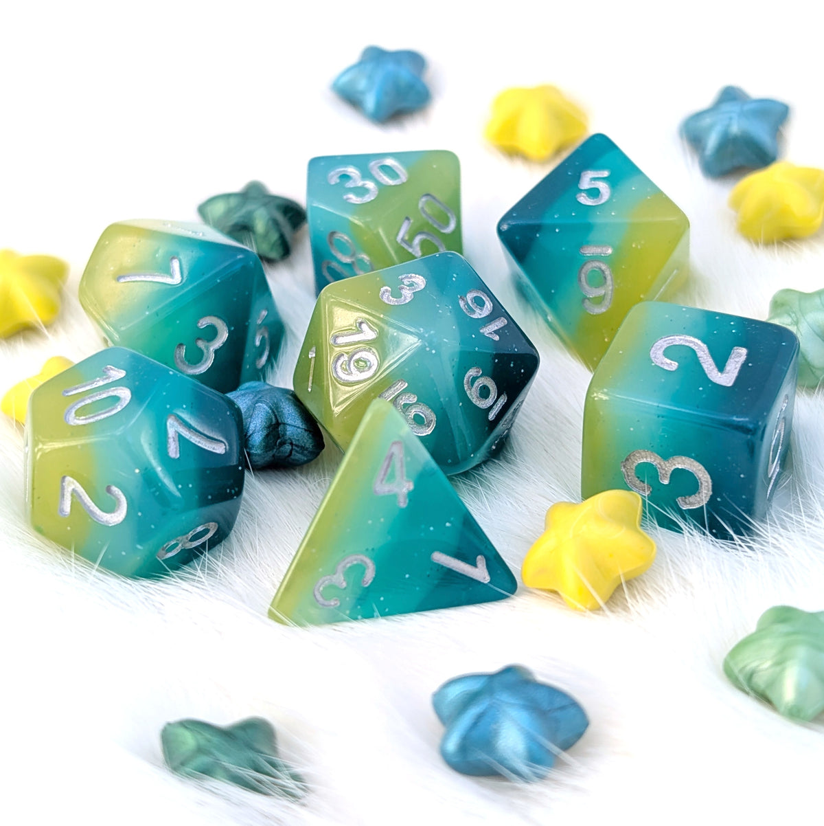 Layered DnD Dice Set - Green & Blue Glitter Resin - Lagoon Dreams