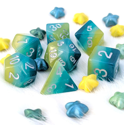 Layered DnD Dice Set - Green & Blue Glitter Resin - Lagoon Dreams