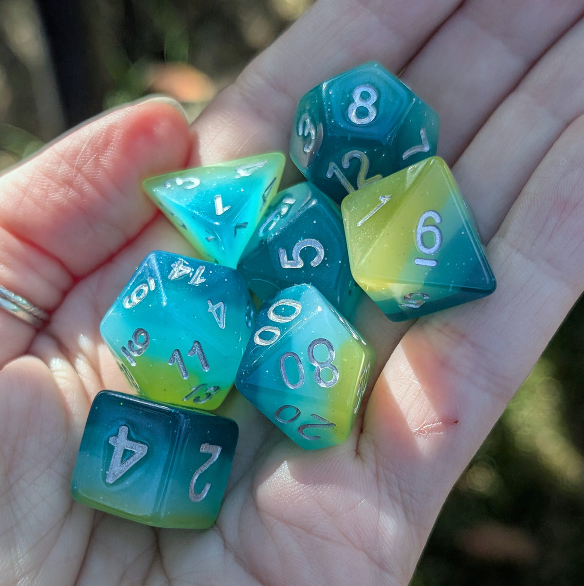 Layered DnD Dice Set - Green & Blue Glitter Resin - Lagoon Dreams
