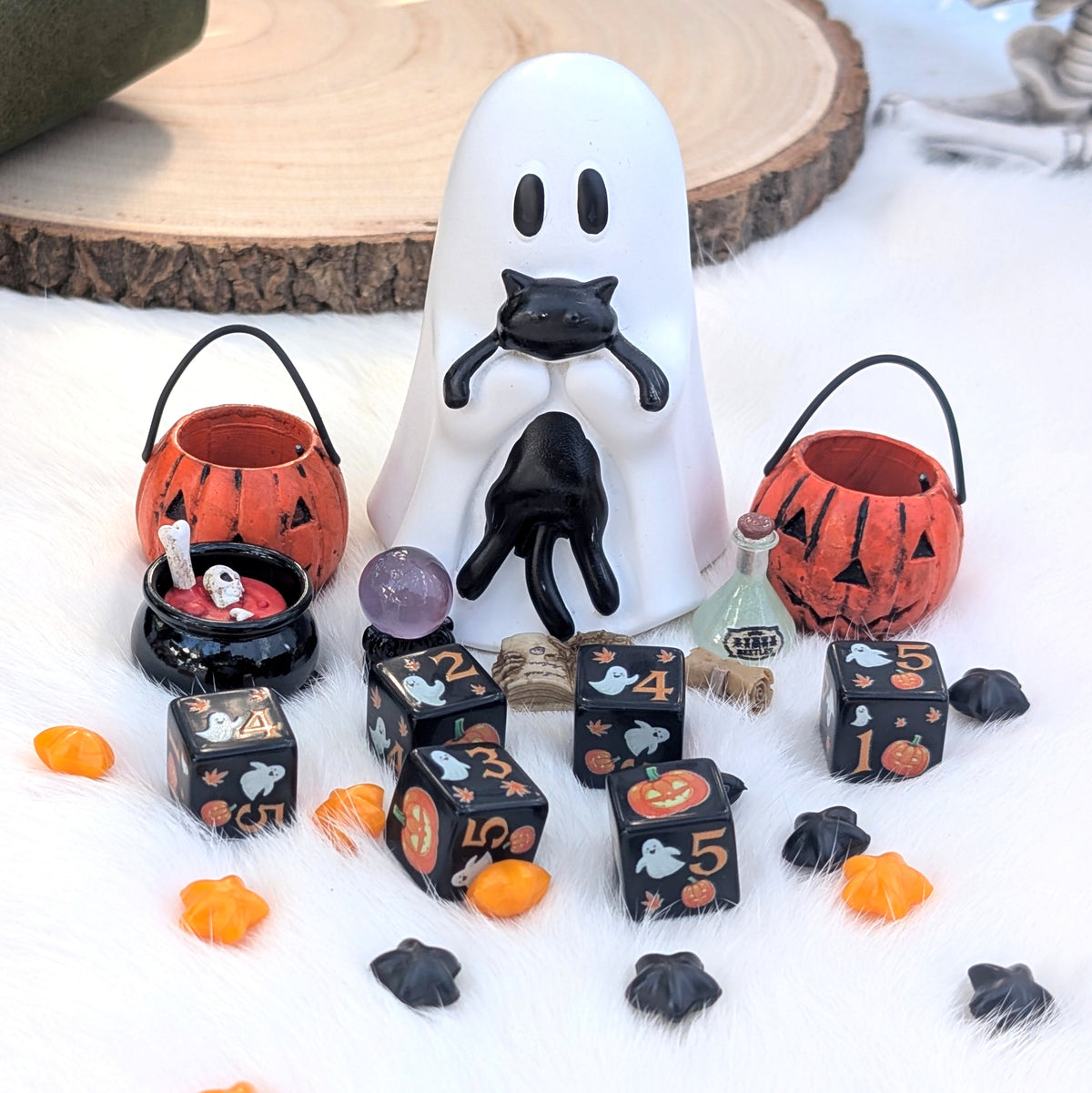 Halloween D6 Dice Set - Black Ghost & Pumpkin Dice - Little Haunts