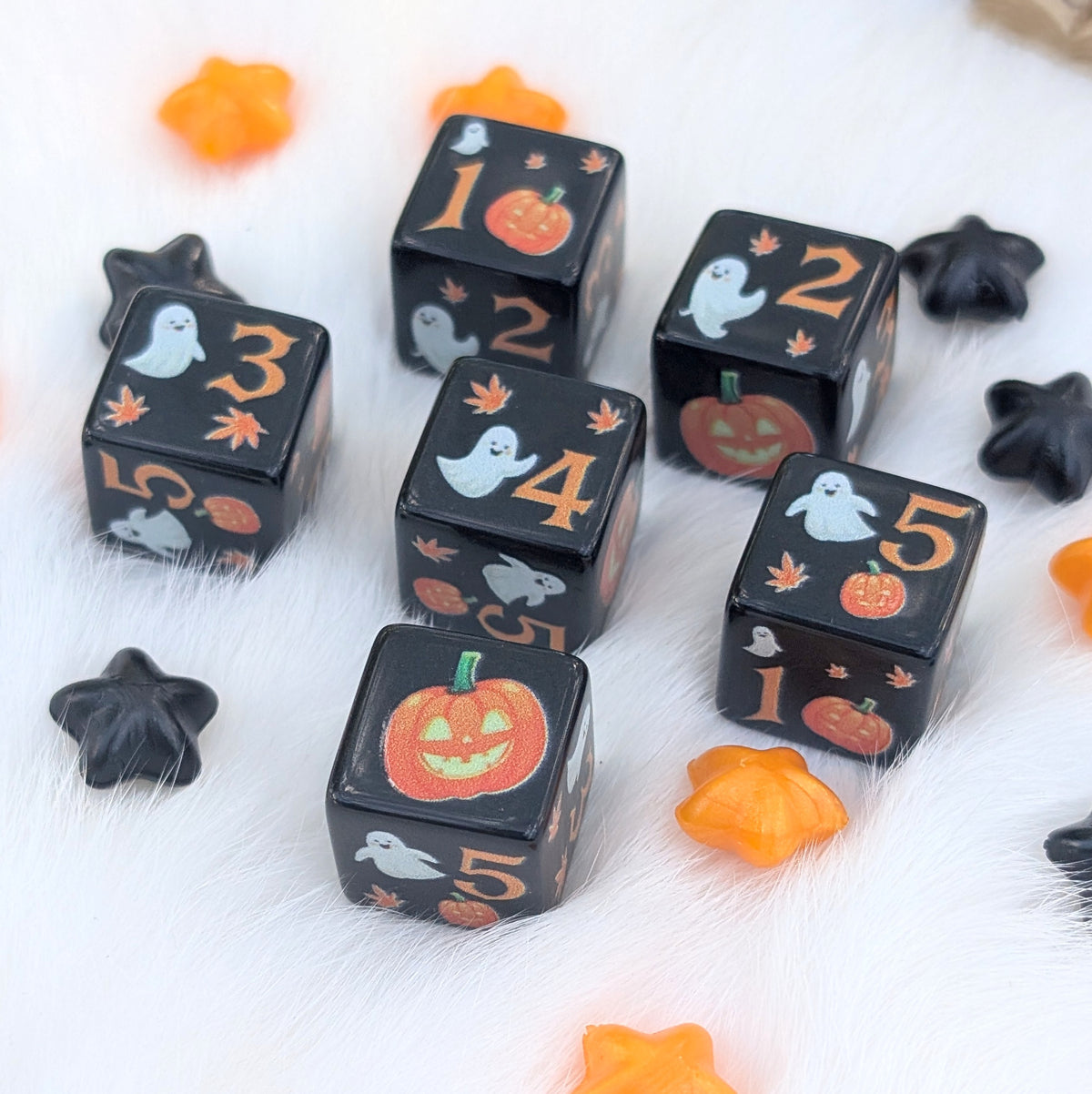 Halloween D6 Dice Set - Black Ghost & Pumpkin Dice - Little Haunts