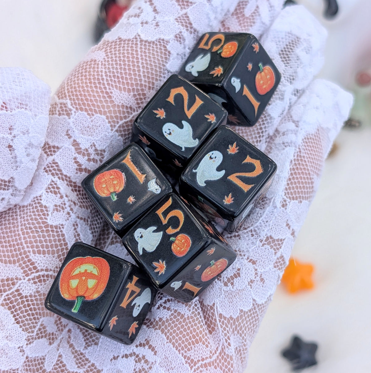 Halloween D6 Dice Set - Black Ghost & Pumpkin Dice - Little Haunts