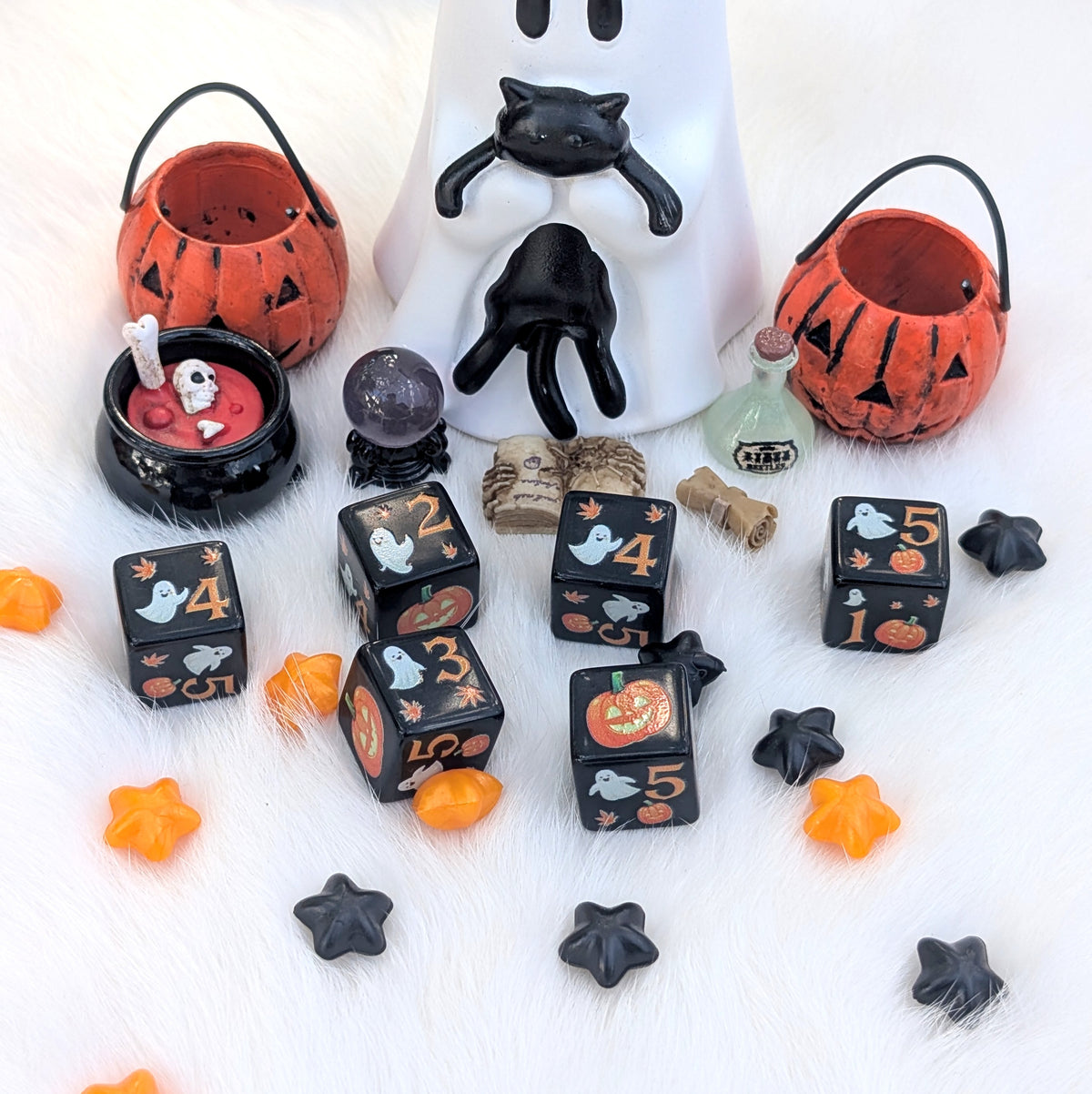 Halloween D6 Dice Set - Black Ghost & Pumpkin Dice - Little Haunts