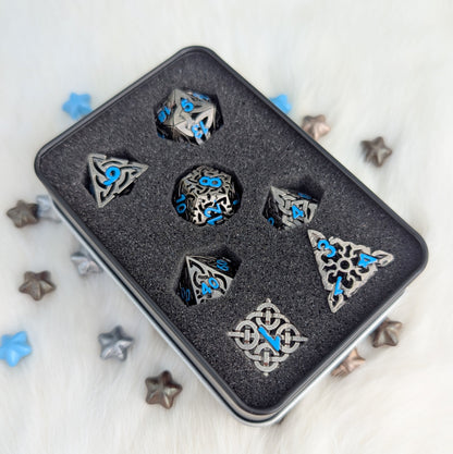 Celtic Knot Hollow Metal Dice Set, Dark Nickel with Blue Numbers