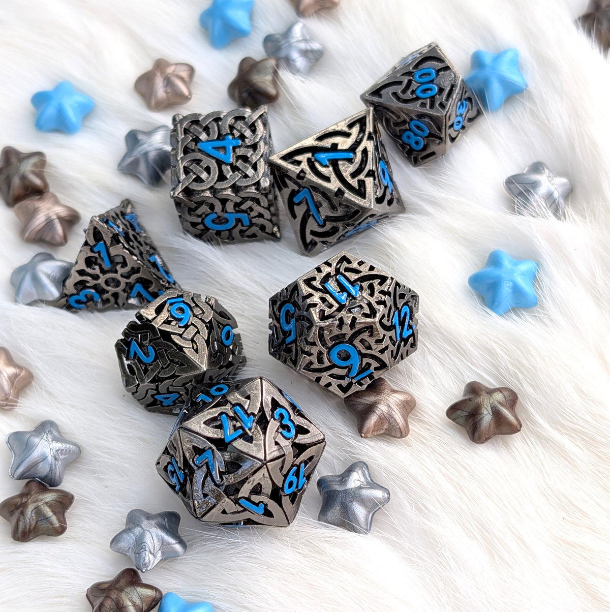 Celtic Knot Hollow Metal Dice Set, Dark Nickel with Blue Numbers