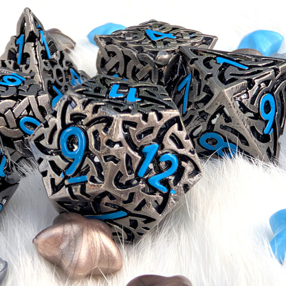 Celtic Knot Hollow Metal Dice Set, Dark Nickel with Blue Numbers