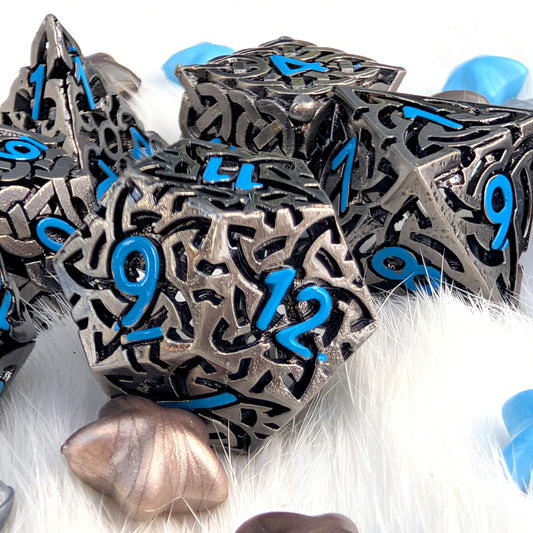 Celtic Knot Hollow Metal Dice Set, Dark Nickel with Blue Numbers