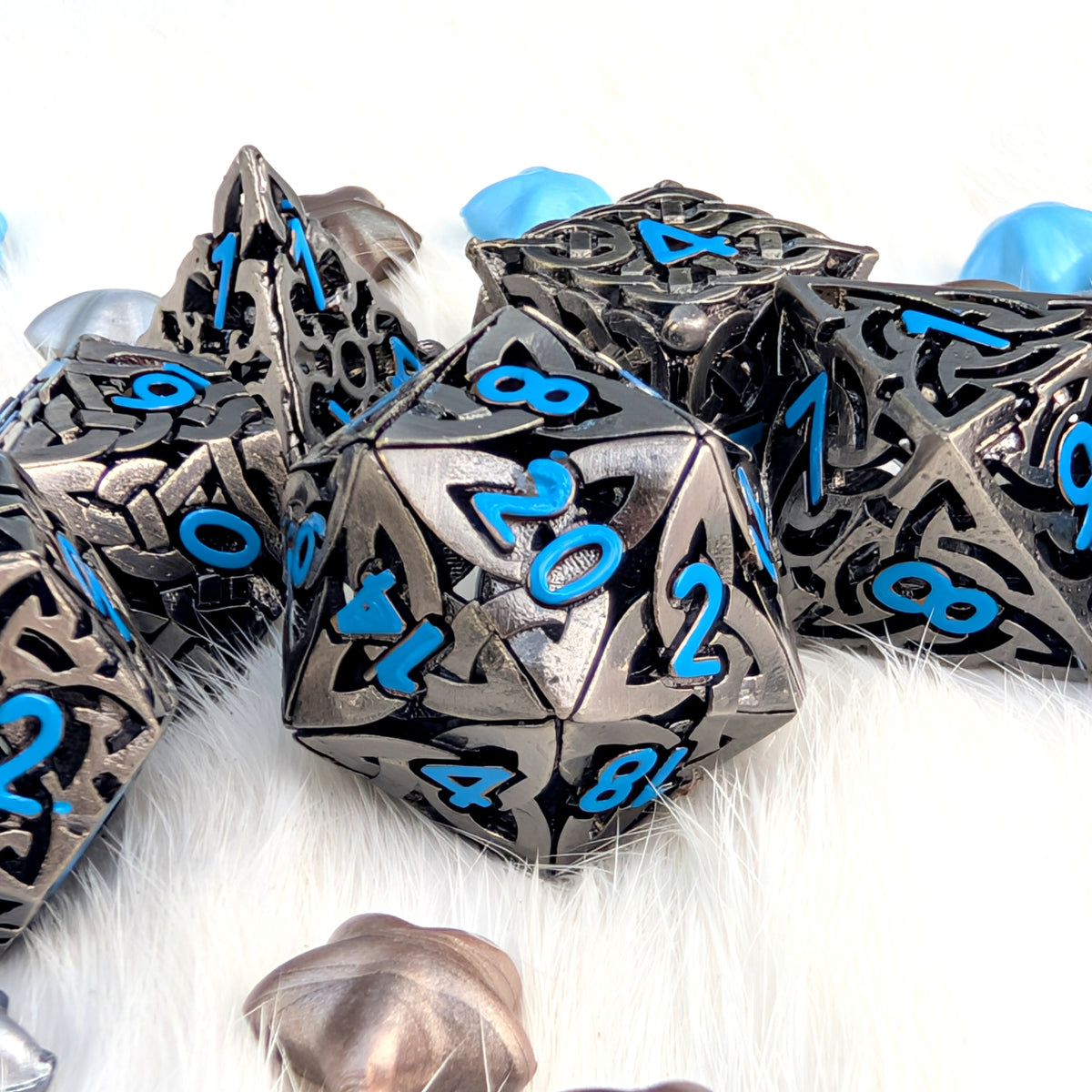 Celtic Knot Hollow Metal Dice Set, Dark Nickel with Blue Numbers