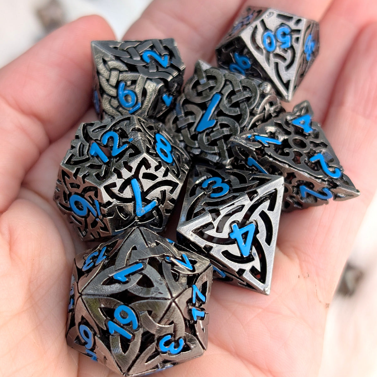 Celtic Knot Hollow Metal Dice Set, Dark Nickel with Blue Numbers