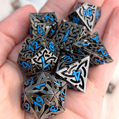 Celtic Knot Hollow Metal Dice Set, Dark Nickel with Blue Numbers