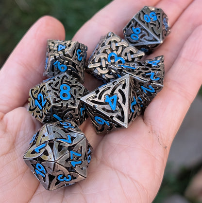Celtic Knot Hollow Metal Dice Set, Dark Nickel with Blue Numbers