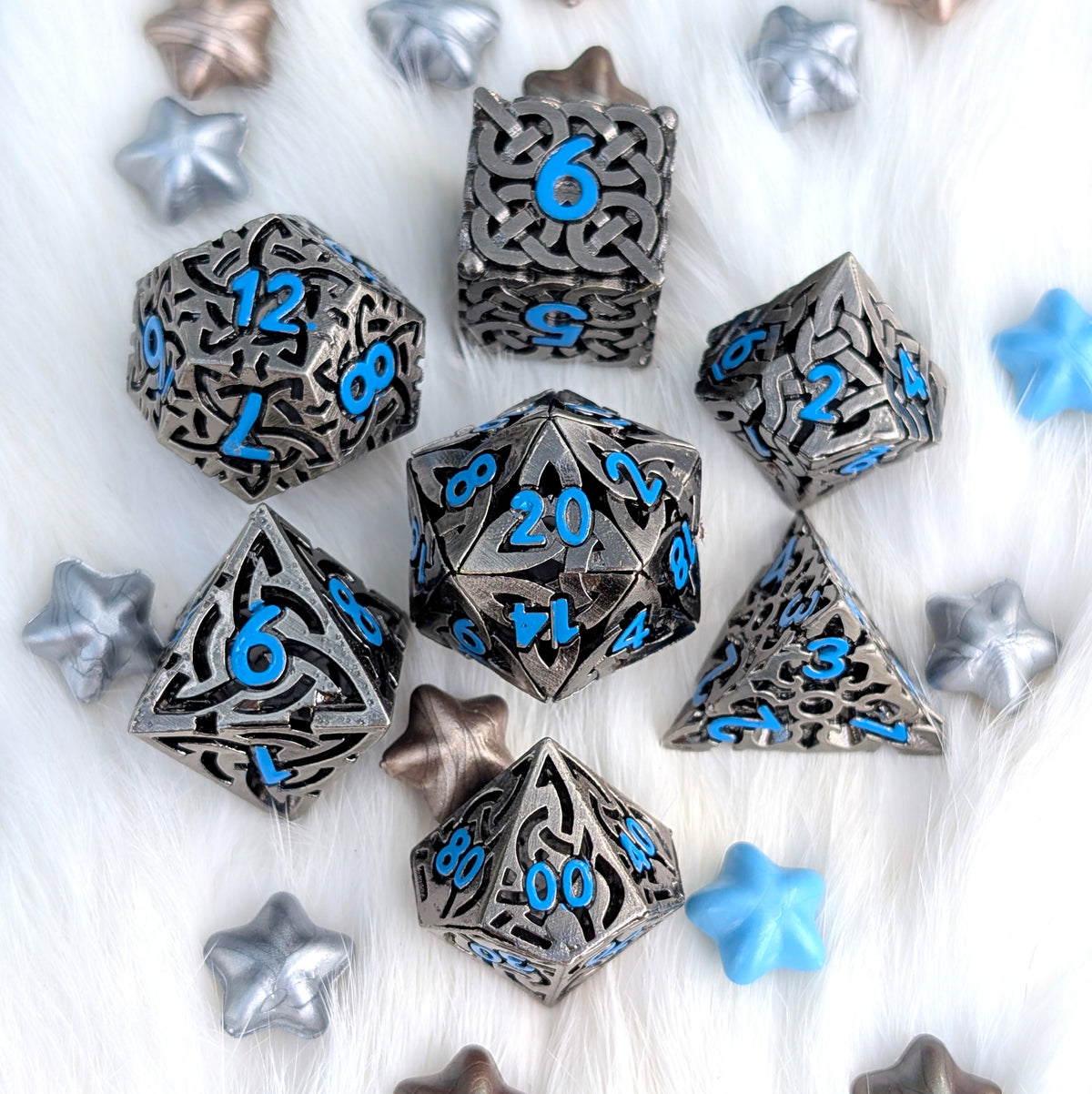 Celtic Knot Hollow Metal Dice Set, Dark Nickel with Blue Numbers